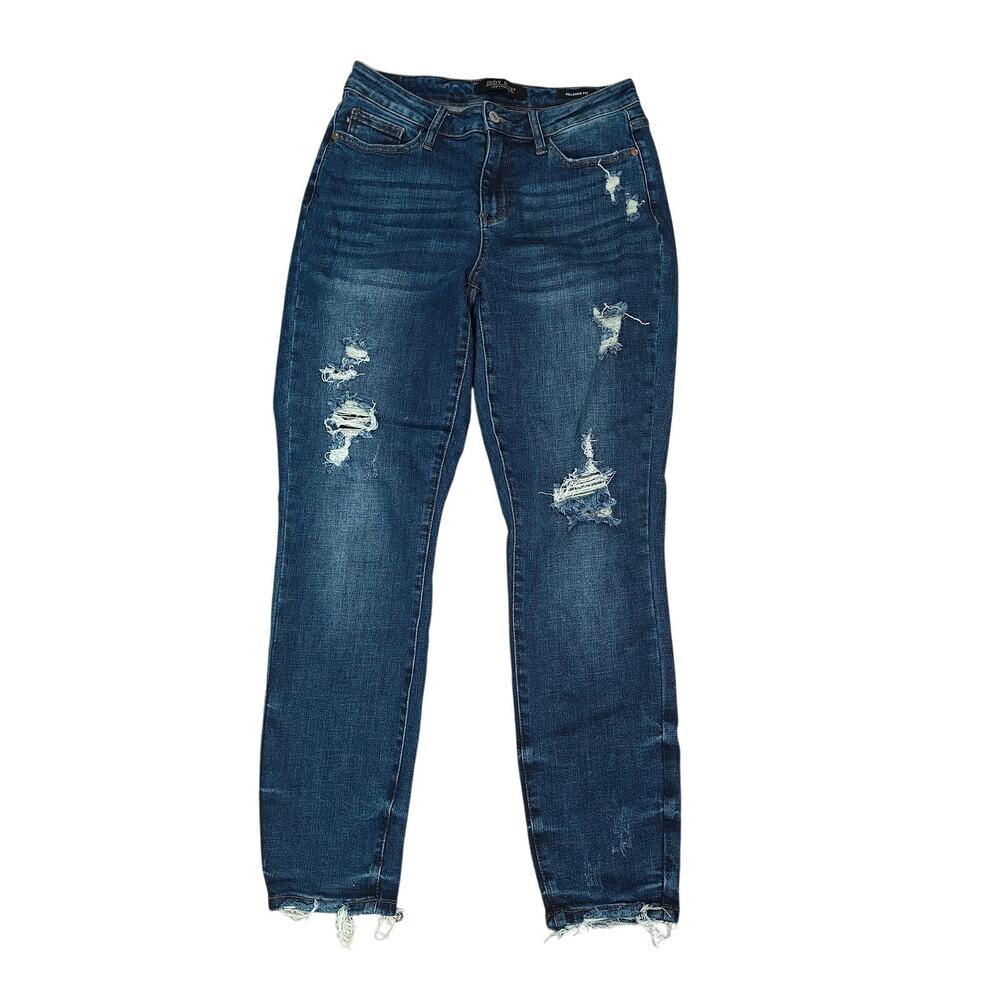 Judy Blue 7/28 Relaxed Fit Dark Wash Distressed Hem Jeans Style JB88304